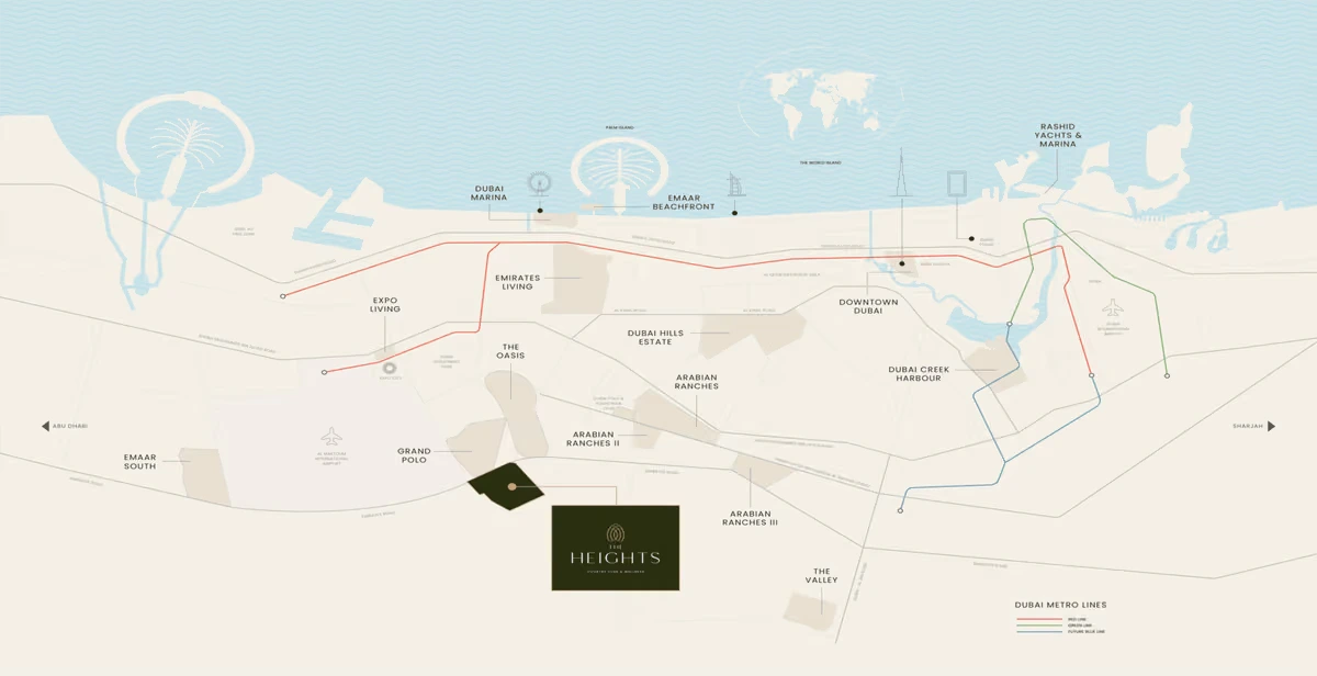 The Heights by Emaar location near Expo City Dubai and Al Maktoum International Airport